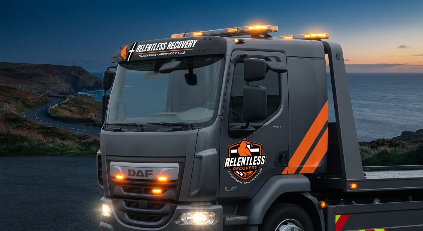 Generated Relentless Recovery truck cab artwork on the Cornwall coast
